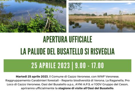 Locandina della Festa del 25 Aprile 2023 per l'apertura ufficiale dell'Oasi del Busatello
